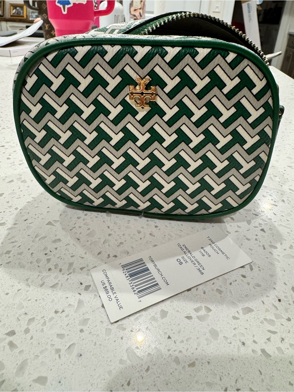Tory Burch Green and White Geometric Cosmetic Case with Gold Logo